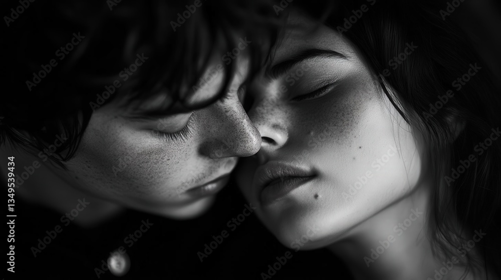 Whispering lovers intimate moment low resolution image black and white close-up emotional connection Whispering lovers intimate moment low resolution image black and white close-up emotional connection