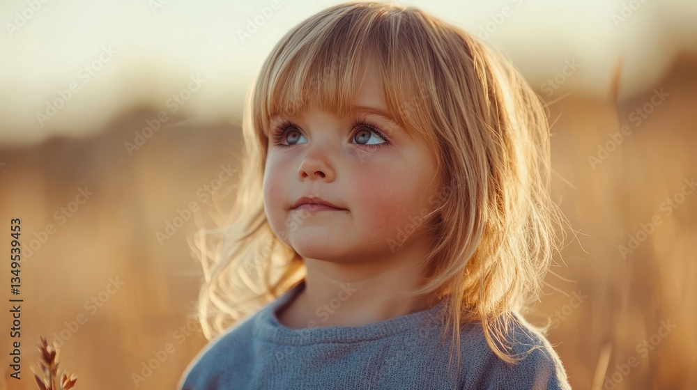 Child looking upwards in a golden field Child looking upwards in a golden field