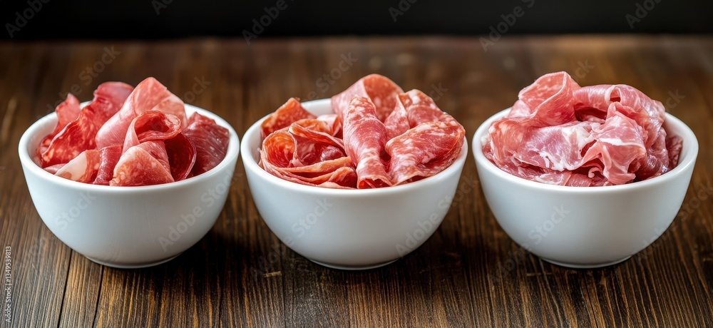 Assorted Cured Meats in Bowls with Rich Texture and Color Variation Perfect for Charcuterie Board or Culinary Presentation Assorted Cured Meats in Bowls with Rich Texture and Color Variation Perfect for Charcuterie Board or Culinary Presentation