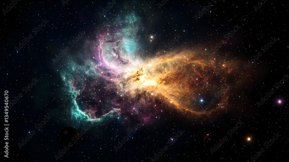 Fototapeta premium Colorful Nebula Glowing With Swirling Dust And Brilliant Stars Against Dark Space Background