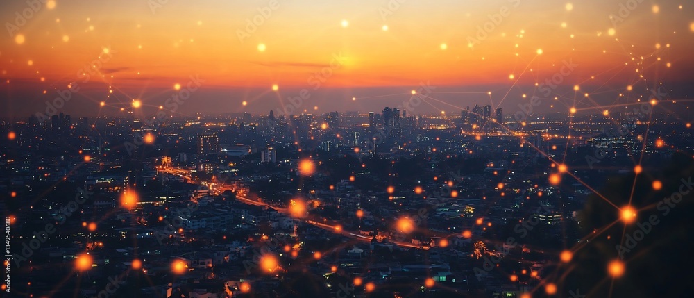 Fototapeta premium Sunset cityscape with glowing network connections