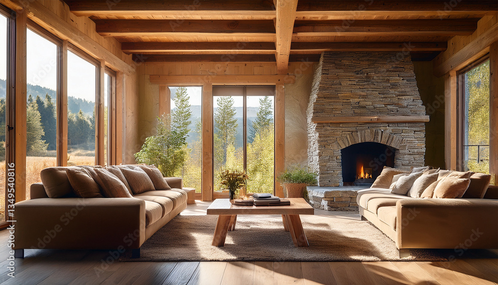 Fototapeta premium Sunlit Rustic Lounge with Sofa and Stone Fireplace