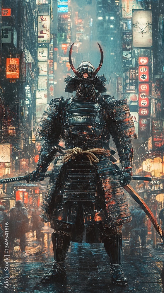 Fototapeta premium Robot Samurai in a High-Tech City A fusion of traditional samurai armor with futuristic robotic elements, standing in a cyber city.