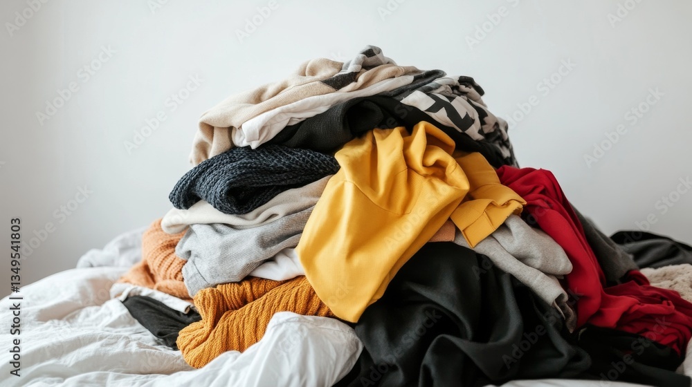 Fototapeta premium Messy pile of casually scattered clothes in various colors and fabrics, creating a chaotic and unorganized appearance. Concept of laundry, wardrobe clutter, and untidiness in daily life.