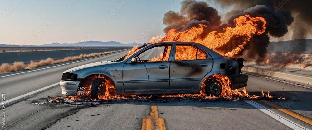 Obraz premium A car burns furiously on an empty highway surrounded by desert landscape as dark smoke billows into the sky, creating a dramatic contrast with the sunset hues