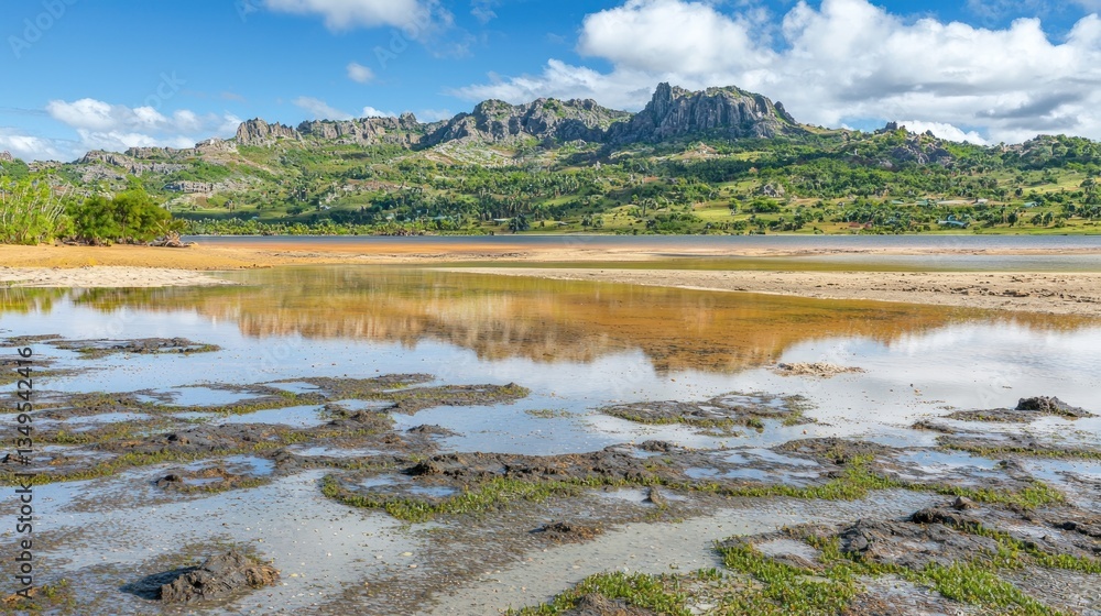 Tropical lagoon reflecting mountains, idyllic landscape, calm waters Tropical lagoon reflecting mountains, idyllic landscape, calm waters