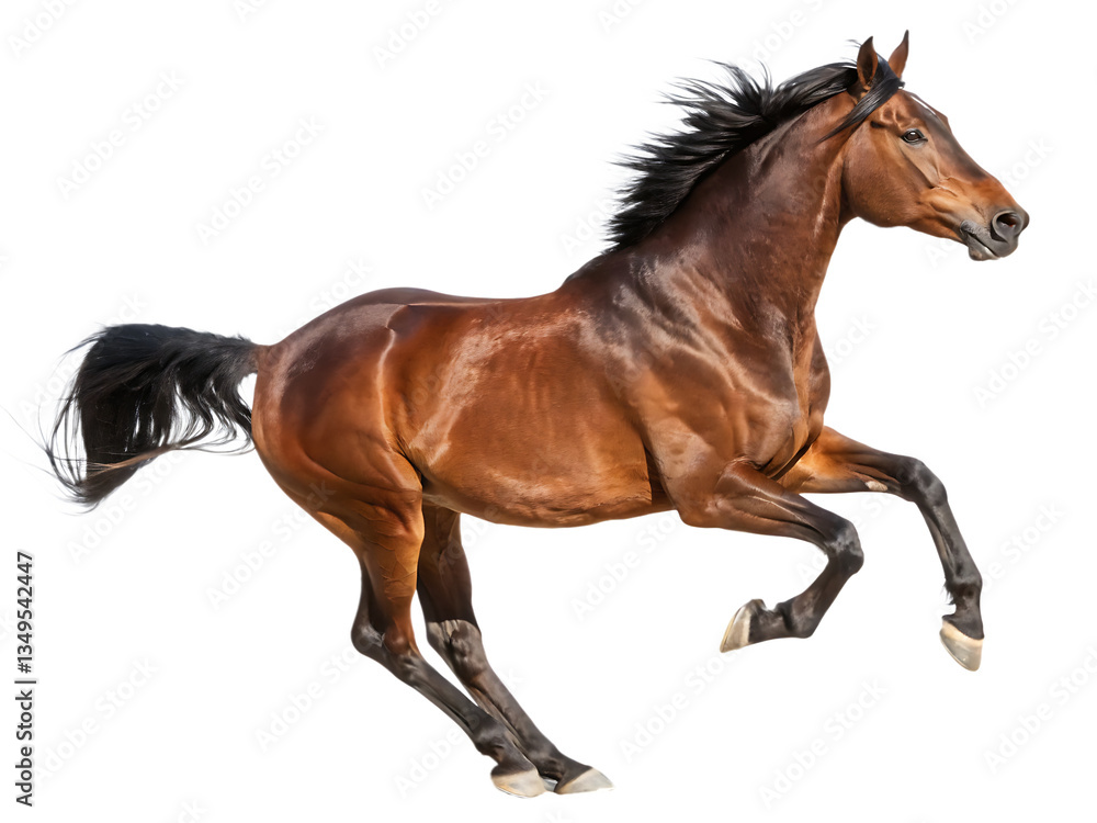 Obraz premium handsome brown stallion galloping jumping isolated on white background, PNG.