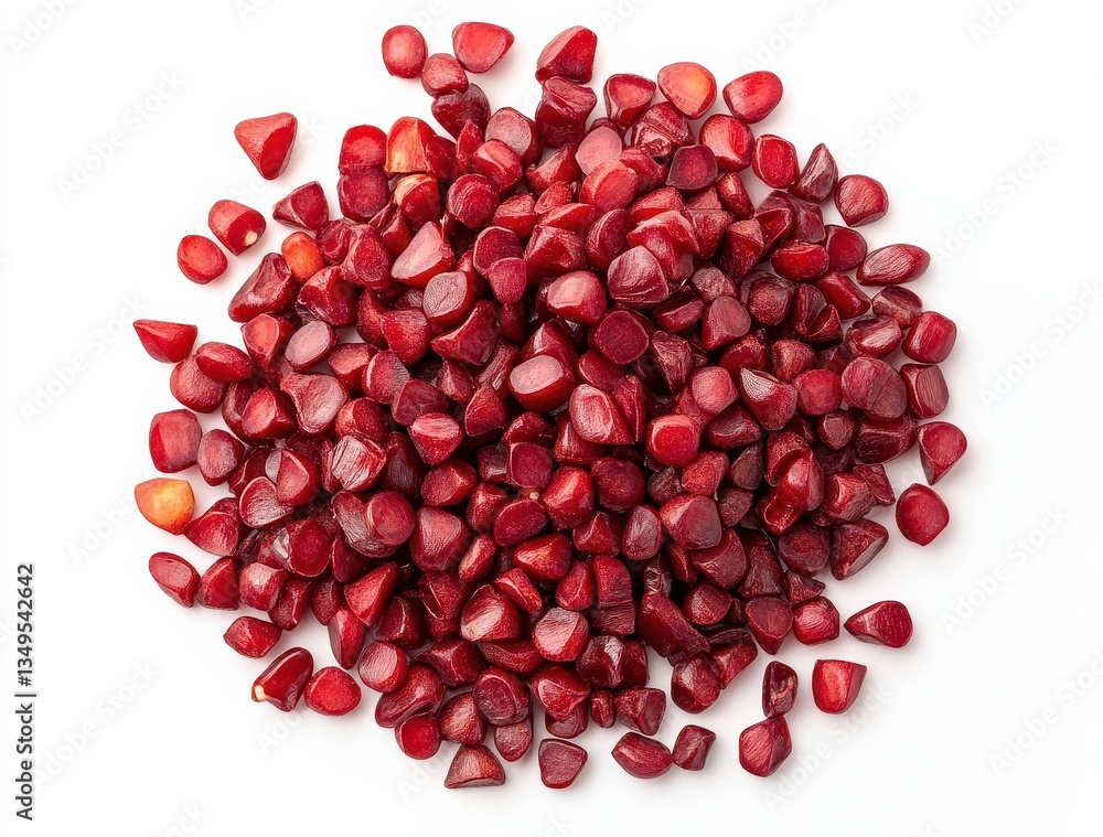 Bright Red Pomegranate Seeds with Glossy Texture Piled Neatly on a White Background for Culinary and Health-Focused Photography Use Bright Red Pomegranate Seeds with Glossy Texture Piled Neatly on a White Background for Culinary and Health-Focused Photography Use