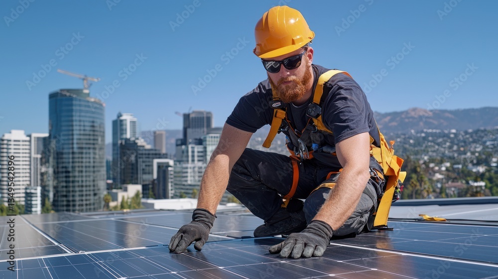 Skilled Worker Installing Solar Panels on Rooftop with City View Skilled Worker Installing Solar Panels on Rooftop with City View