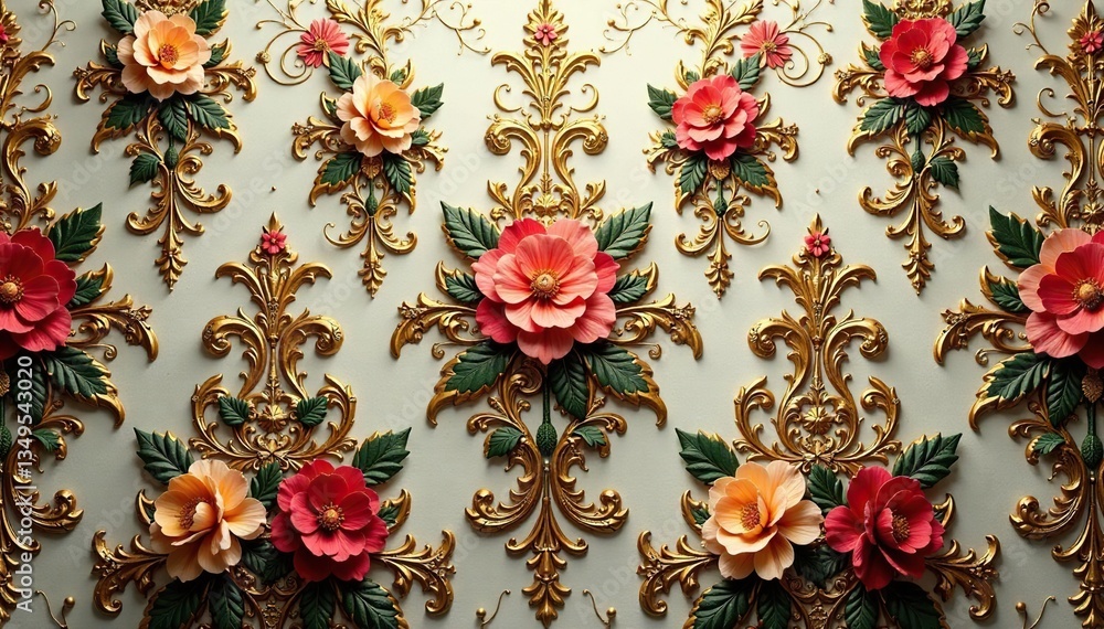 Fototapeta premium Intricate floral damask wallpaper, rich gold accents, retro, classic, graphic