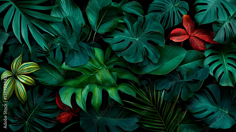 Tropical Leaves Pattern Design With Red And Gold Accents Tropical Leaves Pattern Design With Red And Gold Accents
