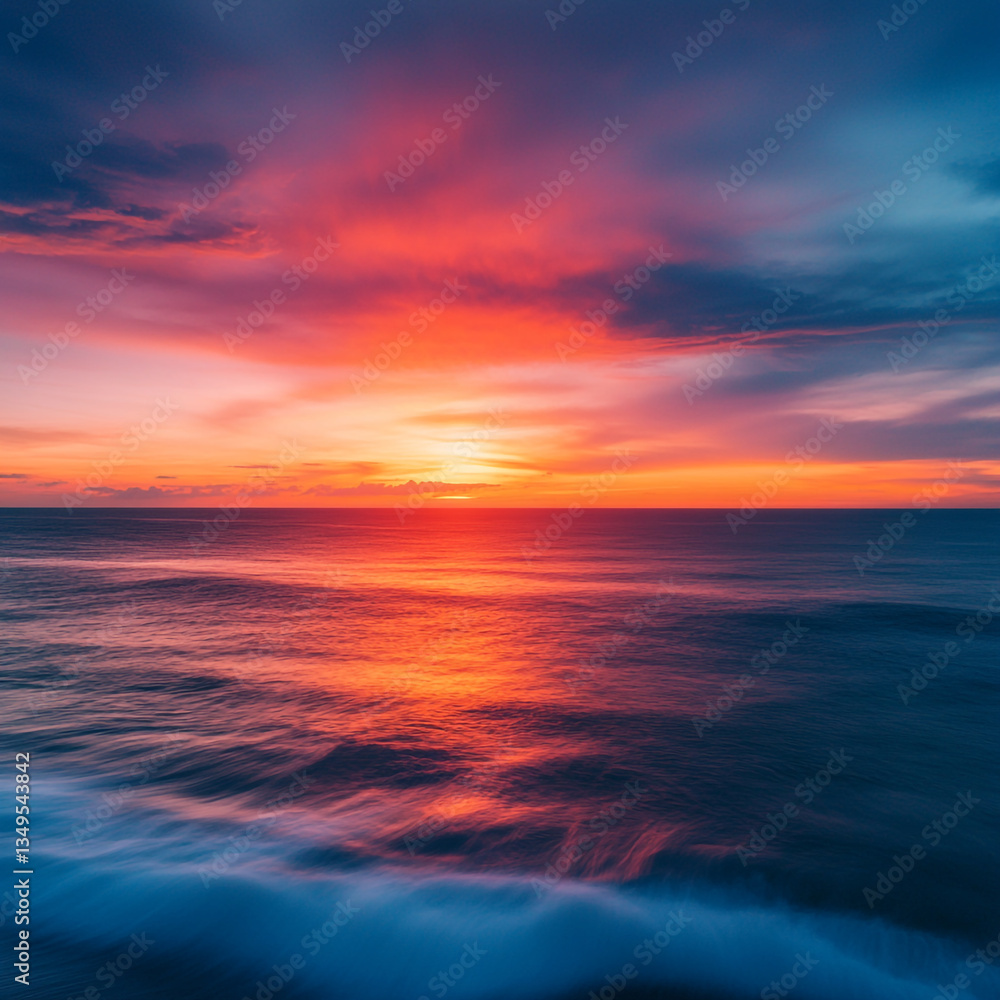 Obraz premium A vibrant sunset over the ocean with colorful clouds and reflections on the water surface creating waves