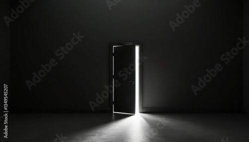 Dark room with ajar door. Light shines through the open door. Minimalist image creates sense of mystery and fear. Conceptual image, perfect for illustrating suspense. The light casts shadow.