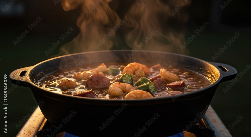Cooking Shrimp and Sausage Stew in Cast Iron Pot Outdoors Cooking Shrimp and Sausage Stew in Cast Iron Pot Outdoors
