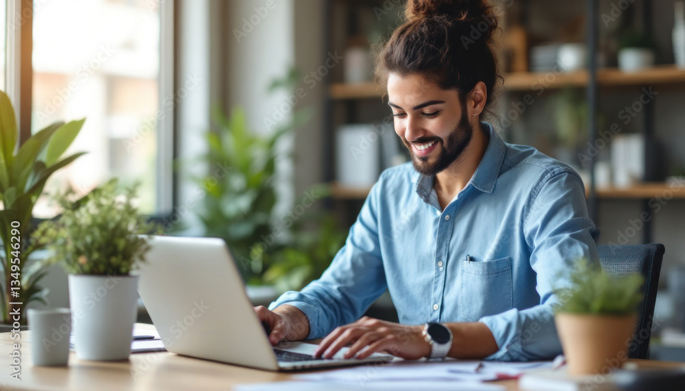 Smiling Man Working on Laptop in Home Office Smiling Man Working on Laptop in Home Office