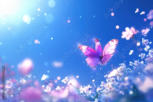 A vibrant purple butterfly flutters among blooming flowers under a bright blue sky, creating a serene and enchanting atmosphere.