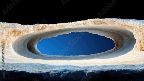 Natural stone archway,  oval-shaped opening to a vibrant blue sky.  Detailed rock formations, light beige/tan in color, encircle the  skyward view