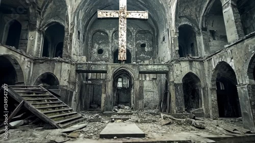 Old abandoned church with a large cross and crumbling architecture illustrating decay over time