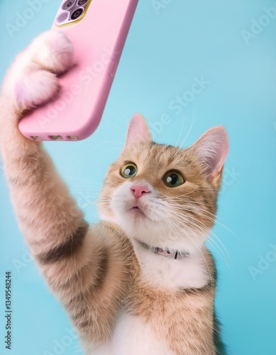 Creative concept photo of pet domestic cat sitting on sofa couch holding using smartphone chating surfing internet taking selfie at cozy home interior.