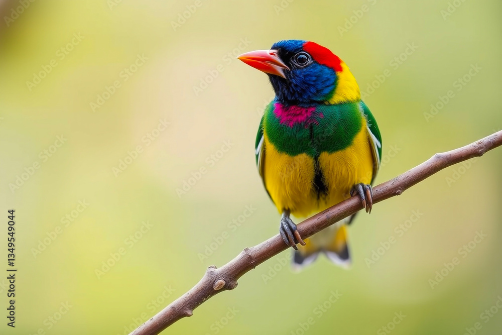 Vibrant Gouldian Finch Perched on a Tree Branch, Showcasing Its Brilliant Colors and Delicate Plumage in a Serene Natural Setting Vibrant Gouldian Finch Perched on a Tree Branch, Showcasing Its Brilliant Colors and Delicate Plumage in a Serene Natural Setting