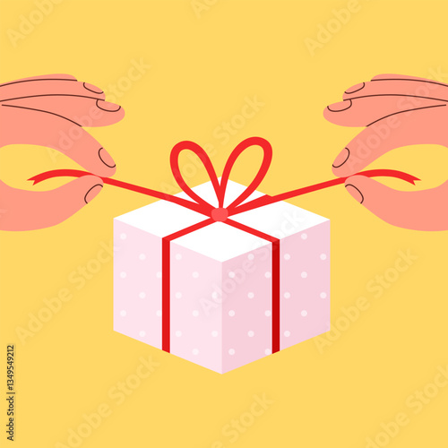 Human hand opens gift.  arm untying ribbon bow on surprise box. Person unpacking present on birthday or some anniversary. Festive or donation concept. Vector illustration