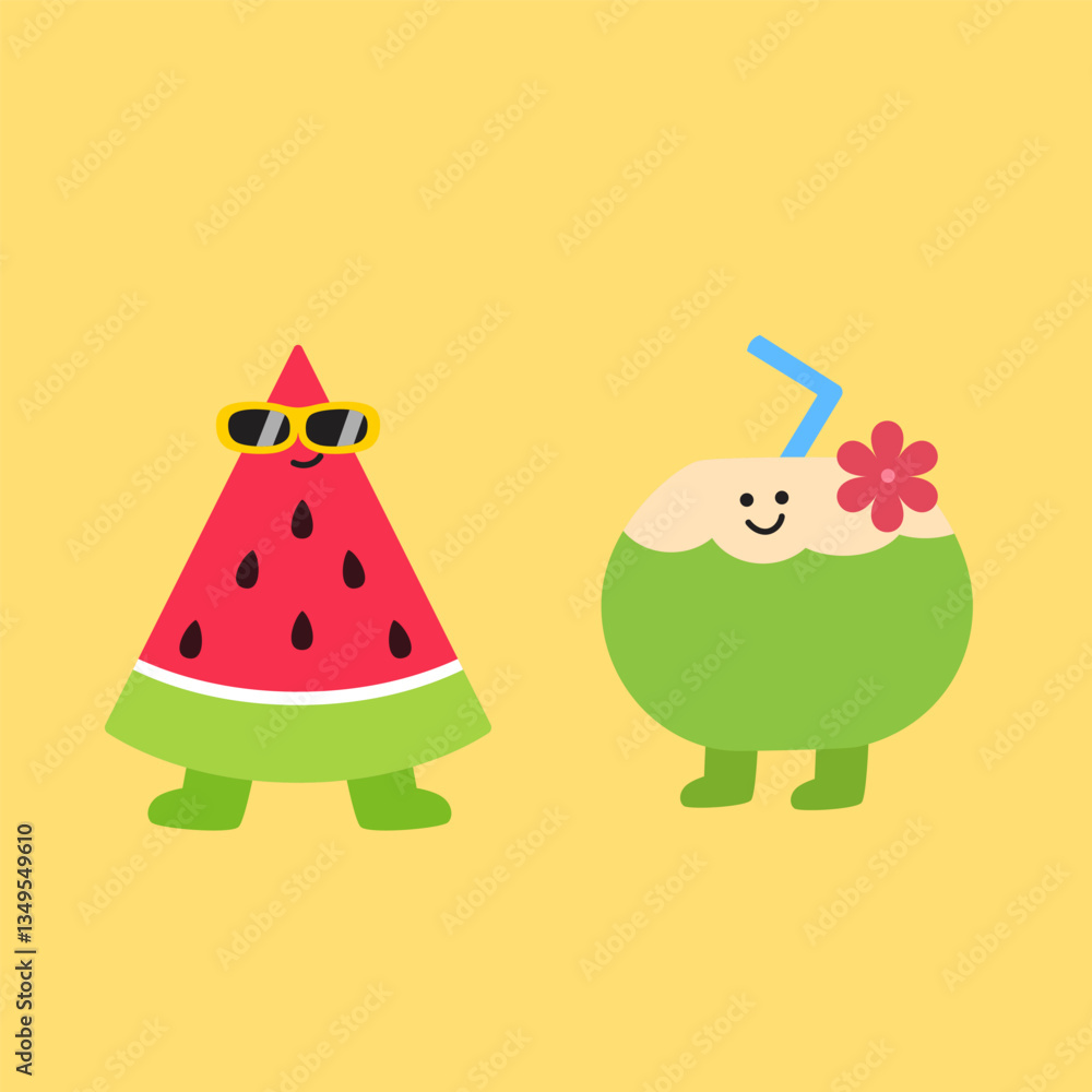 Fototapeta premium Funny fruits Hello Summer, Set of summer cards, vector illustration. Sunglasses and Tropical fruits. watermelon slice in glasses. blink coconut cartoon