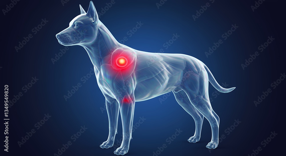 Obraz premium Dog anatomy with highlighted shoulder and leg joint pain on blue
