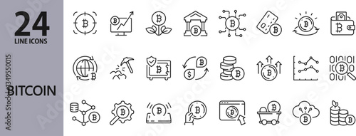 Bitcoin line icons set with Cryptocurrency, Coin, Currency, Wallet, Blockchain, Investment, Payment, Mining and more. Editable Stroke