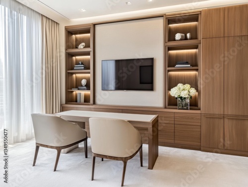 Wallpaper Mural Modern home office with built-in wooden cabinetry, flat screen TV, and beige chairs. Torontodigital.ca