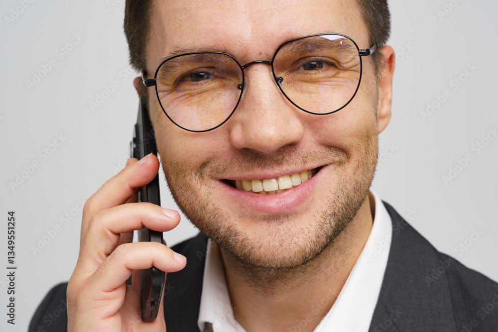 Professional man smiling while talking on the phone in a modern office setting during the daytime Professional man smiling while talking on the phone in a modern office setting during the daytime