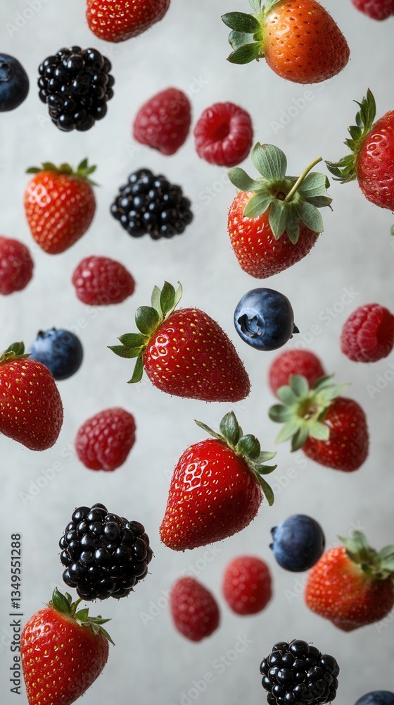 Berry Mix in Motion – Strawberries, Blueberries, Raspberries and Blackberries on Light Background, Healthy Food Concept Berry Mix in Motion – Strawberries, Blueberries, Raspberries and Blackberries on Light Background, Healthy Food Concept