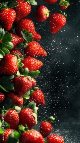 Falling Strawberries on Dark Background  – Freshness and Healthy Food Concept