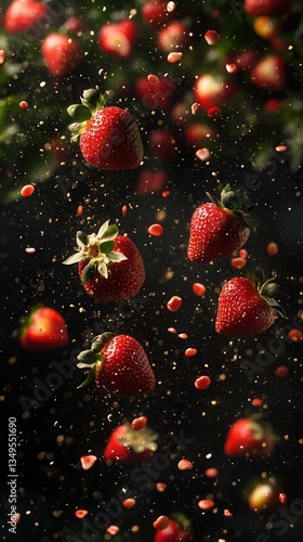 Falling Strawberries on Dark Background  – Freshness and Healthy Food Concept