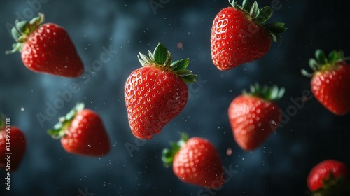 Falling Strawberries on Dark Background  – Freshness and Healthy Food Concept
