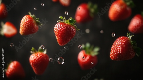 Falling Strawberries on Dark Background  – Freshness and Healthy Food Concept