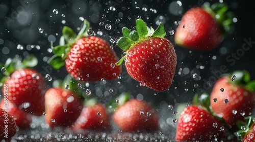 Falling Strawberries on Dark Background  – Freshness and Healthy Food Concept
