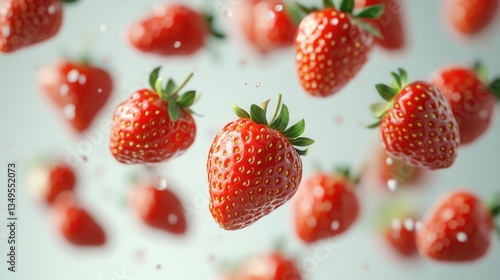 Bright fresh strawberries falling on a light background. Concept of summer, freshness, vitamins, and healthy eating.