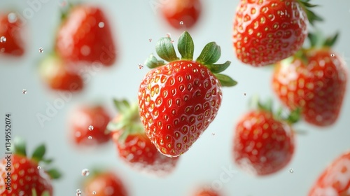 Bright fresh strawberries falling on a light background. Concept of summer, freshness, vitamins, and healthy eating.