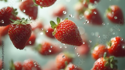 Bright fresh strawberries falling on a light background. Concept of summer, freshness, vitamins, and healthy eating.