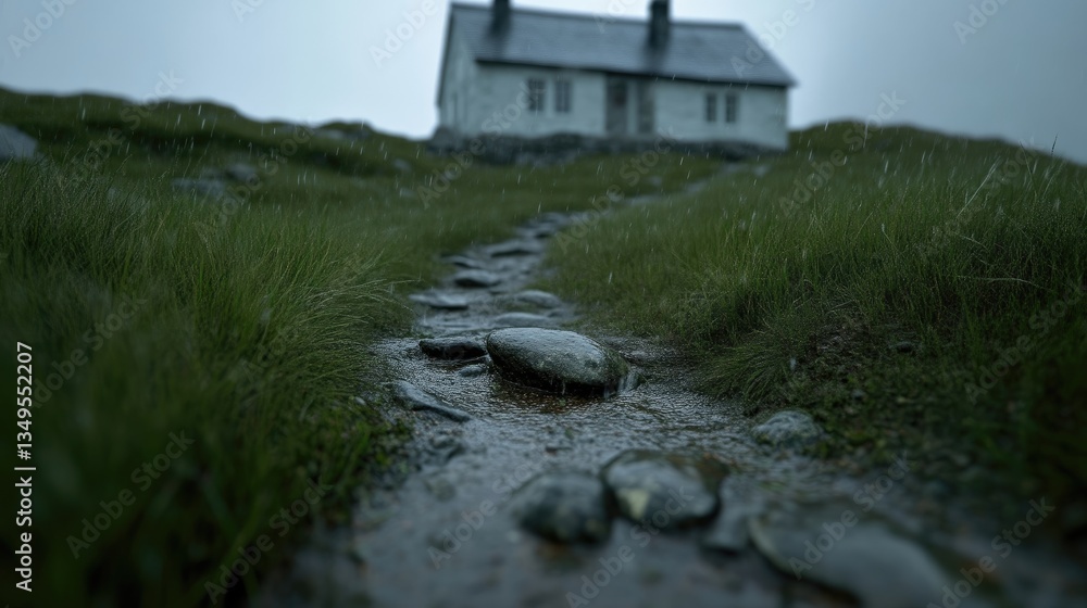 Naklejka premium Rainy path leading to a secluded cottage