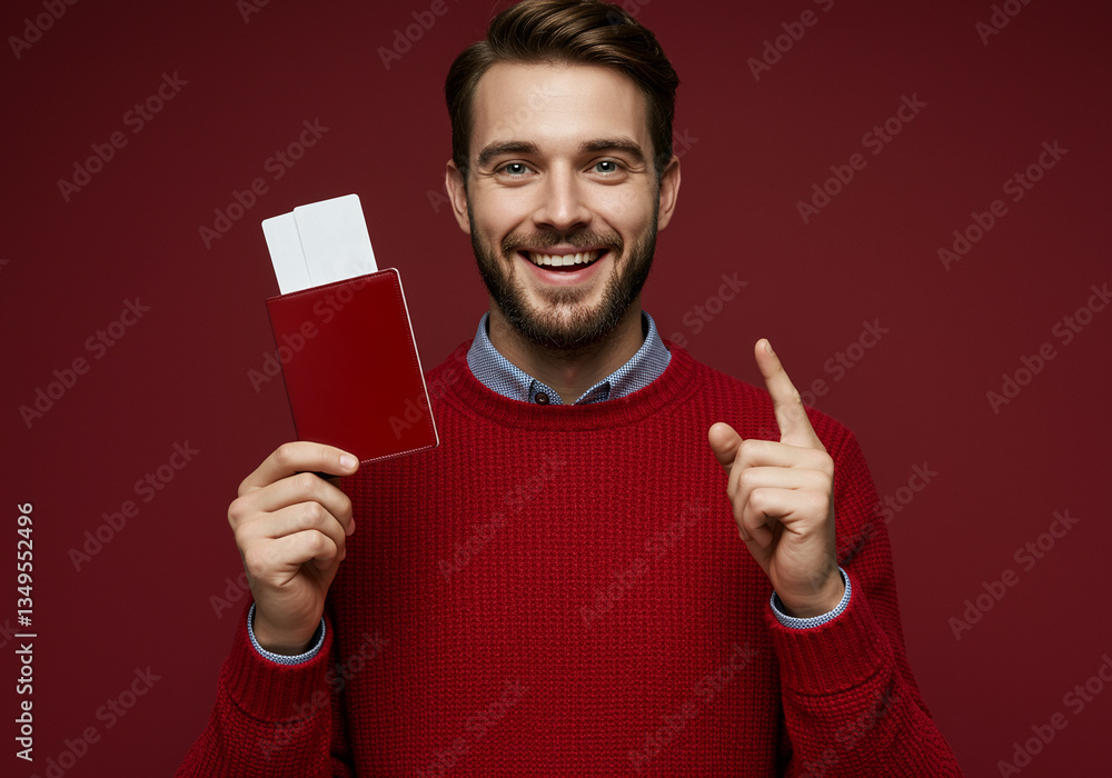 Happy man holding passport with tickets pointing finger up wearing red sweater against red background. Smiling traveler shows passport and boarding pass Happy man holding passport with tickets pointing finger up wearing red sweater against red background. Smiling traveler shows passport and boarding pass