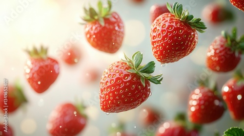Bright fresh strawberries falling on a light background. Concept of summer, freshness, vitamins, and healthy eating.