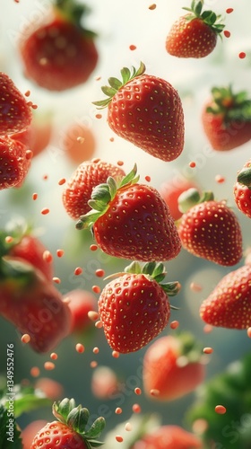 Bright fresh strawberries falling on a light background. Concept of summer, freshness, vitamins, and healthy eating.