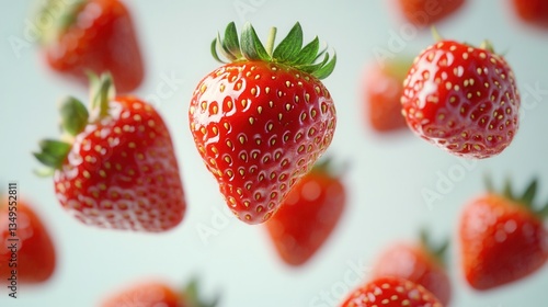 Bright fresh strawberries falling on a light background. Concept of summer, freshness, vitamins, and healthy eating.