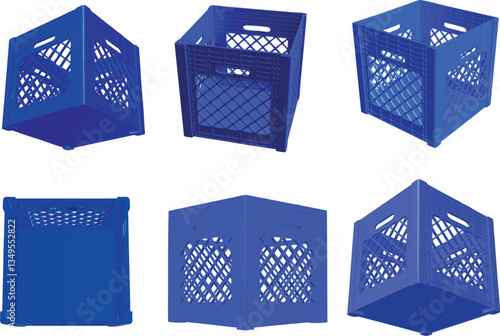 A square plastic milk crate from six angles as vector file created by 3D modeling.