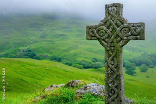 Celestial Celtic Cross Overlooking A Green Valley