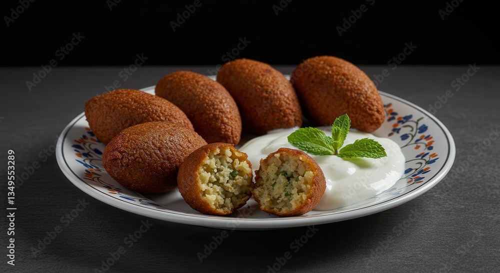 Serving Kibbeh Balls with Yogurt Dip and Mint Leaves on Plate Serving Kibbeh Balls with Yogurt Dip and Mint Leaves on Plate