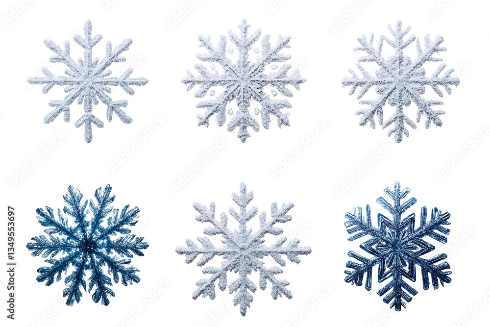 Six elegant snowflakes, white and blue, isolated on black background, cut out transparent Six elegant snowflakes, white and blue, isolated on black background, cut out transparent