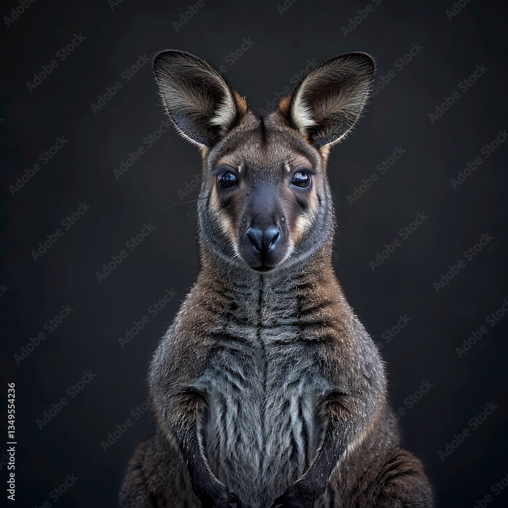 Fototapeta premium Minimalist photo of swamp wallaby against a plain dark background dramatic single source lighting strong shadows high end photography