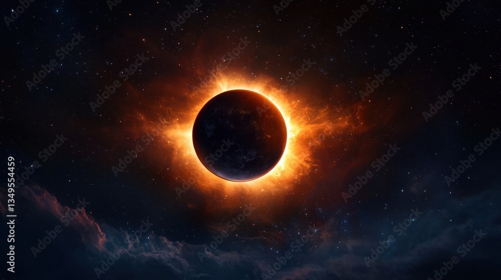Naklejka premium Solar eclipse observed against a starry sky with fiery corona illuminating the dark moon